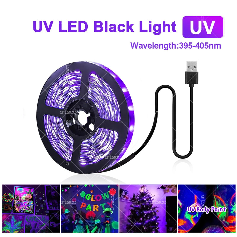 USB UV LED Strip Light Glow in Dark Led Blacklight 385-400Nm Ultraviolet UV Lamp for Halloween Fluorescence Party Neon Posters